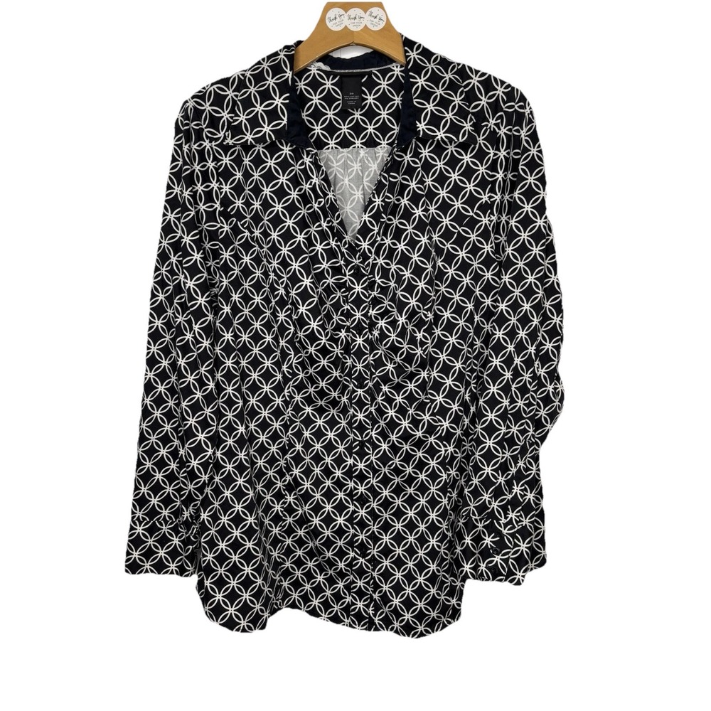 Lane Bryant Button Up Blouse Shirt Sz 20 Black White Geo L/S Class Classic